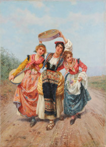 Lote 135: GUINEA Y UGALDE, Anselmo 'TRES MUJERES CON PANDERETAS Y FLORES'