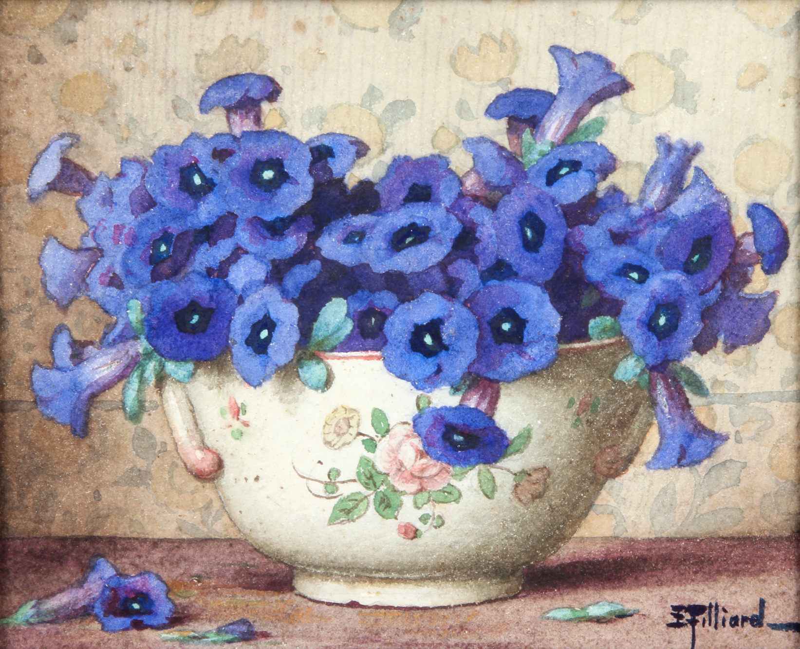 FILLIARD, Ernest  'FLEURS BLEU DANS UN VASE DE FAIENCE'.