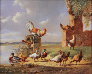 Lote 78: VERHOESEN, Albertus 'COQ, POULES ET CANARDS DANS UN PAYSAGE'