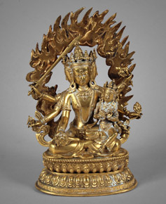 Lote 329: ANTIGUA FIGURA NEPALESA MANJUSHRI DE BRONCE DORADO. ANTIGUA FIGURA NEPALESA MANJUSHRI DE BRONCE DORADO.