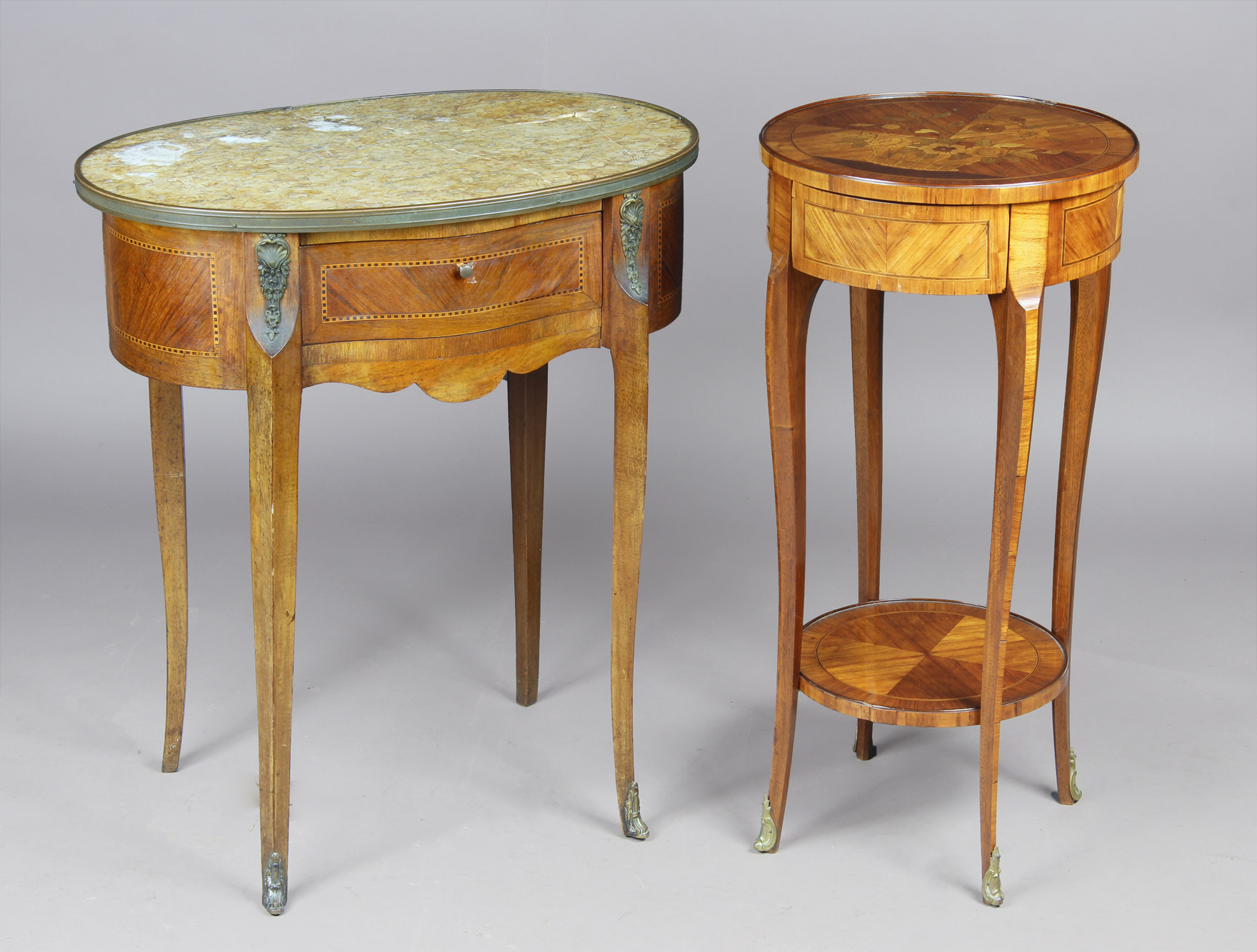 Lotes 283 y 284: 
																		PEQUEÑA MESA OVAL DE ESTILO FRANCES LUIS XV. 
																		PEQUEÑA MESA FRANCESA CIRCULAR DE ESTILO LUIS XV. 